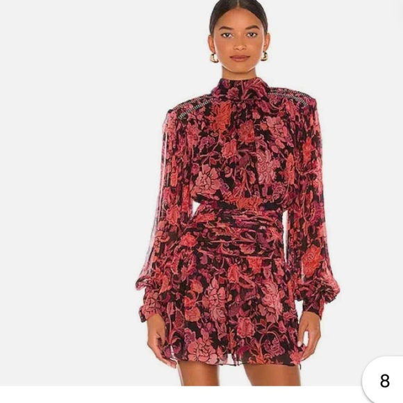 Hemant & Nandita Crimson mini floral v neck front bow dress SMALL - Picture 3 of 15